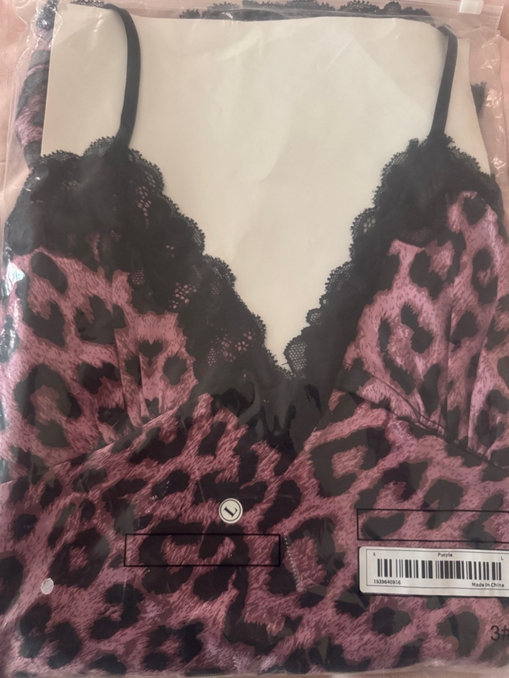 Purple Leopard Lace-Trim Satin Babydoll